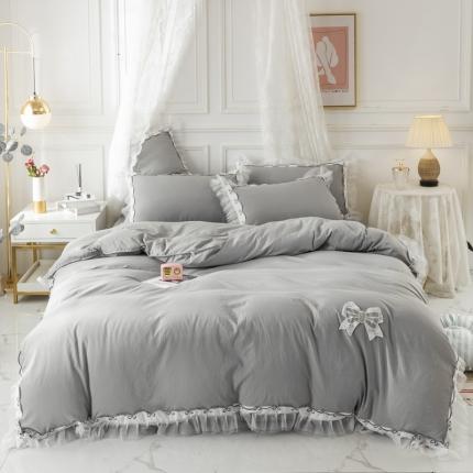 91家纺网 家纺一手货源 找家纺 雨菲家纺 水洗棉公主风刺绣蕾丝花边蝴蝶结床单款四件套 都市灰