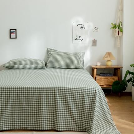 91家纺网 家纺一手货源 找家纺  新款日式少女风全棉纯棉色织水洗棉床单 绿色小格