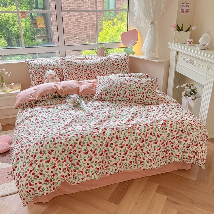 91家纺网 家纺一手货源 找家纺 柠馨 2023新款13376可爱系列全棉印花四件套 樱桃暖熙