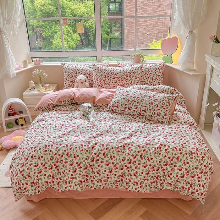 91家纺网 家纺一手货源 找家纺 柠馨 2023新款13376可爱系列全棉印花四件套 樱桃暖熙