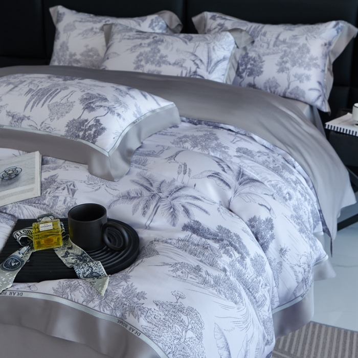 91家纺网 家纺一手货源 找家纺 榻尚家居 2023新款清风醉系列80印花天丝夏被四件套 清风醉灰