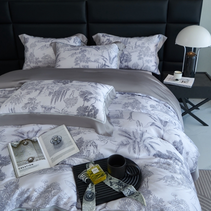 91家纺网 家纺一手货源 找家纺 榻尚家居 2023新款清风醉系列80印花天丝夏被四件套 清风醉灰