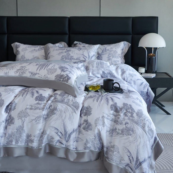 91家纺网 家纺一手货源 找家纺 榻尚家居 2023新款清风醉系列80印花天丝夏被四件套 清风醉灰