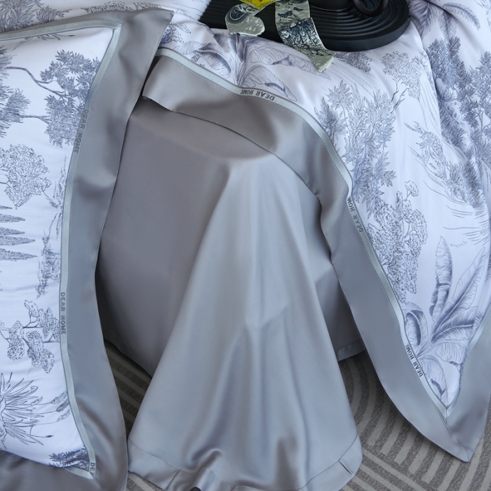 91家纺网 家纺一手货源 找家纺 榻尚家居 2023新款清风醉系列80印花天丝夏被四件套 清风醉灰