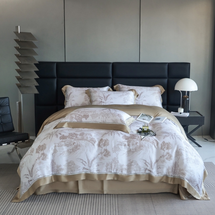 91家纺网 家纺一手货源 找家纺 榻尚家居 2023新款清风醉系列80印花天丝夏被四件套 清风醉金