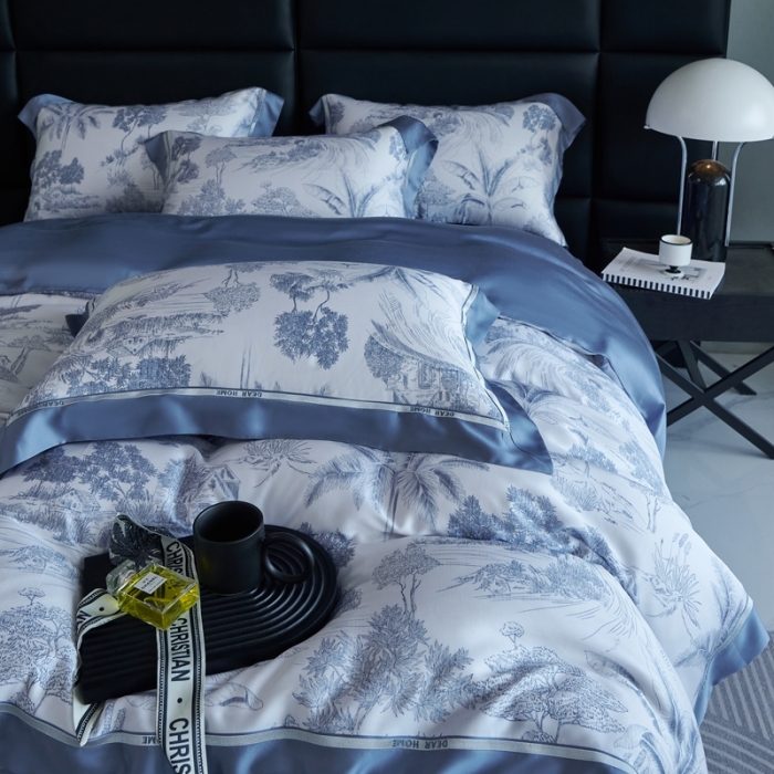 91家纺网 家纺一手货源 找家纺 榻尚家居 2023新款清风醉系列80印花天丝夏被四件套 清风醉蓝