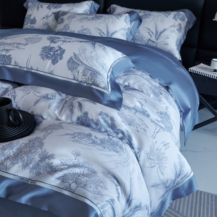 91家纺网 家纺一手货源 找家纺 榻尚家居 2023新款清风醉系列80印花天丝夏被四件套 清风醉蓝