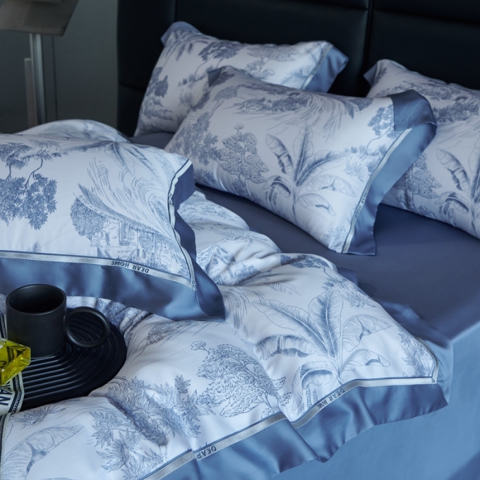 91家纺网 家纺一手货源 找家纺 榻尚家居 2023新款清风醉系列80印花天丝夏被四件套 清风醉蓝