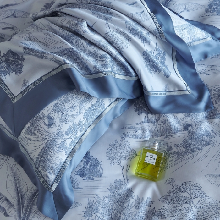 91家纺网 家纺一手货源 找家纺 榻尚家居 2023新款清风醉系列80印花天丝夏被四件套 清风醉蓝