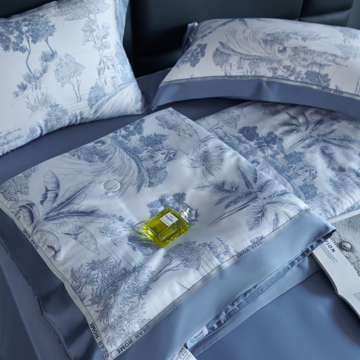 91家纺网 家纺一手货源 找家纺 榻尚家居 2023新款清风醉系列80印花天丝夏被四件套 清风醉蓝