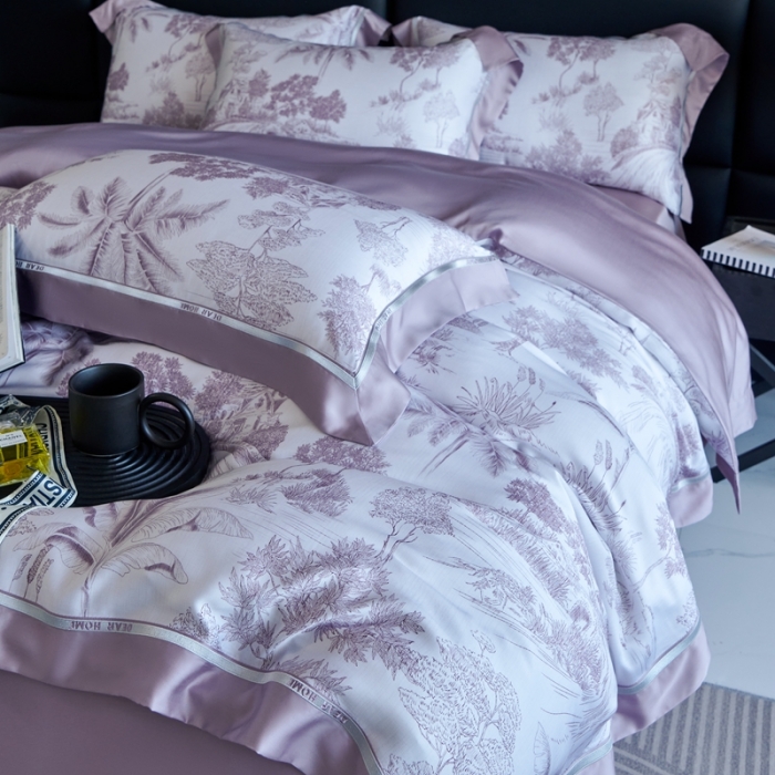 91家纺网 家纺一手货源 找家纺 榻尚家居 2023新款清风醉系列80印花天丝夏被四件套 清风醉紫