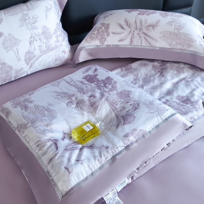 91家纺网 家纺一手货源 找家纺 榻尚家居 2023新款清风醉系列80印花天丝夏被四件套 清风醉紫