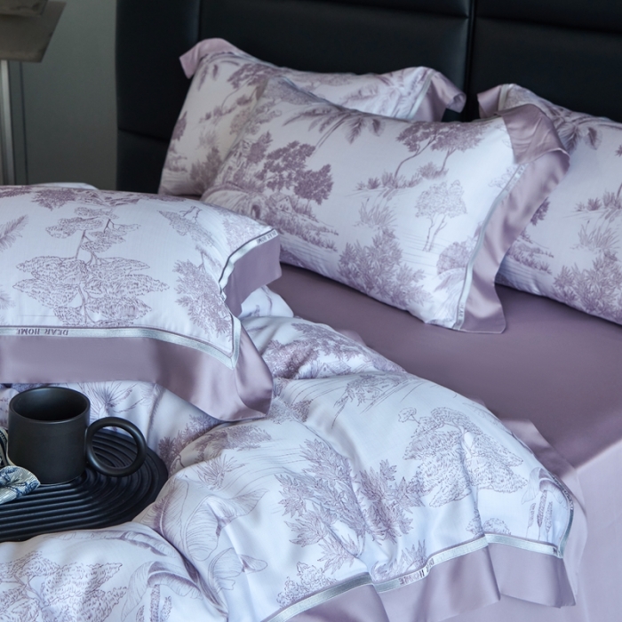 91家纺网 家纺一手货源 找家纺 榻尚家居 2023新款清风醉系列80印花天丝夏被四件套 清风醉紫