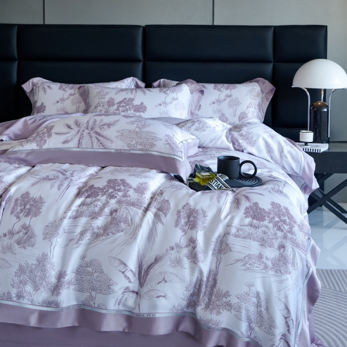 91家纺网 家纺一手货源 找家纺 榻尚家居 2023新款清风醉系列80印花天丝夏被四件套 清风醉紫