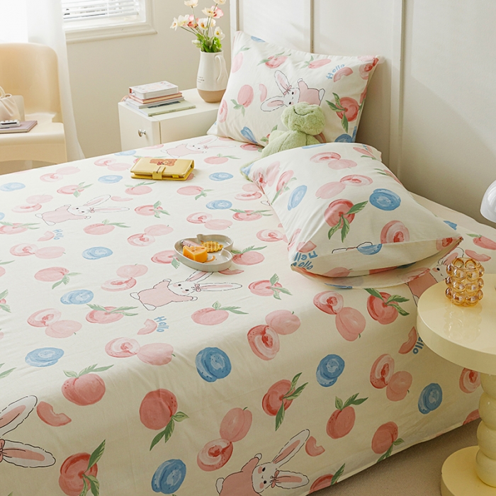 91家纺网 家纺一手货源 找家纺 麦伦 2023新款 全棉小清新单品床单系列 蜜桃兔