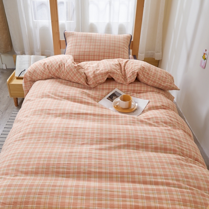 91家纺网 家纺一手货源 找家纺 上喜 热卖色织全棉学生床盖三件套 橙红小格