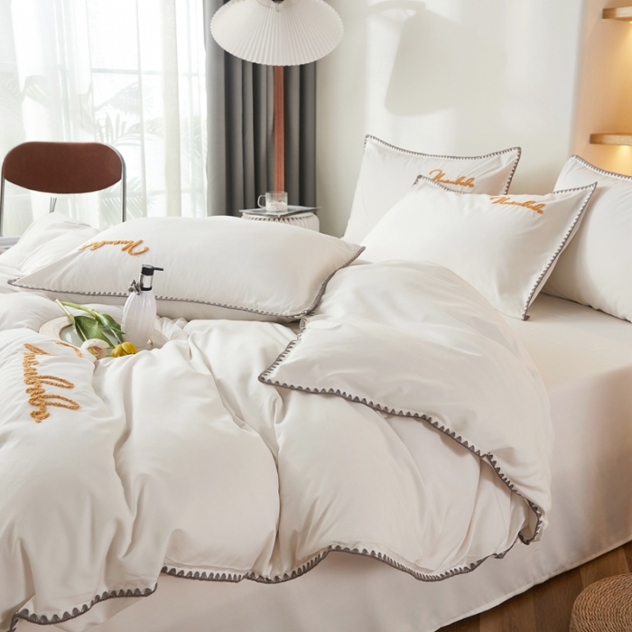 91家纺网 家纺一手货源 找家纺 啊雅 2025新款A类水洗棉贝壳边毛巾绣四件套 时尚白