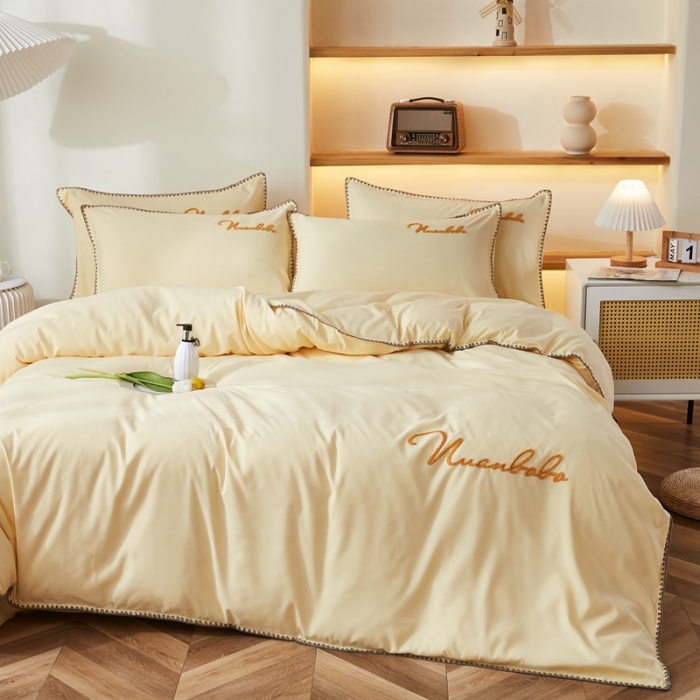 91家纺网 家纺一手货源 找家纺 啊雅 2025新款A类水洗棉贝壳边毛巾绣四件套 时尚黄