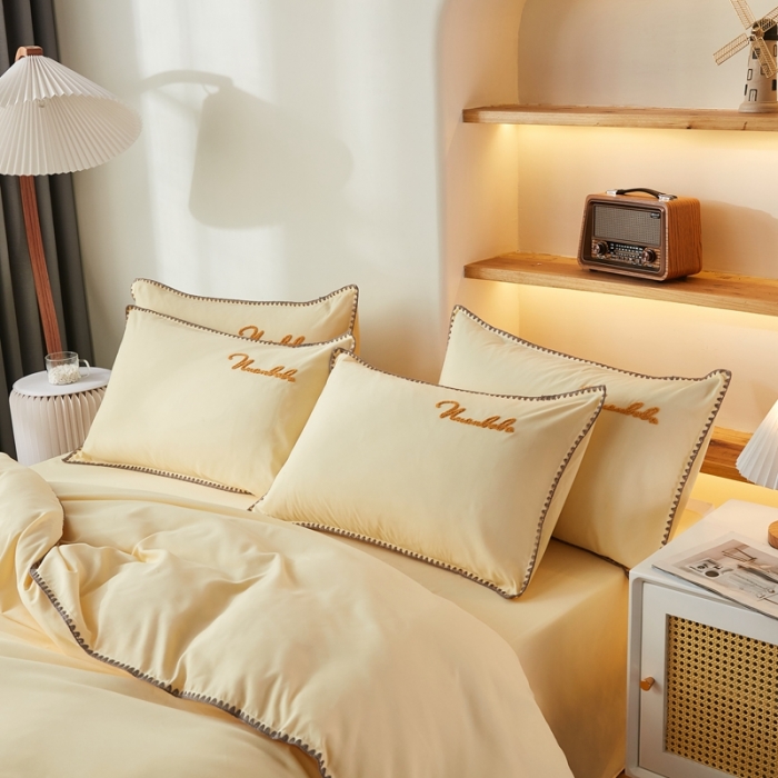 91家纺网 家纺一手货源 找家纺 啊雅 2025新款A类水洗棉贝壳边毛巾绣四件套 时尚黄