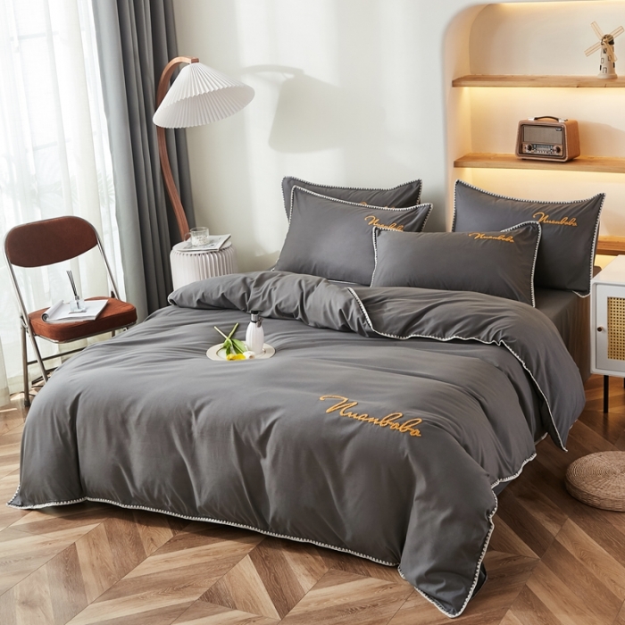 91家纺网 家纺一手货源 找家纺 啊雅 2025新款A类水洗棉贝壳边毛巾绣四件套 时尚灰