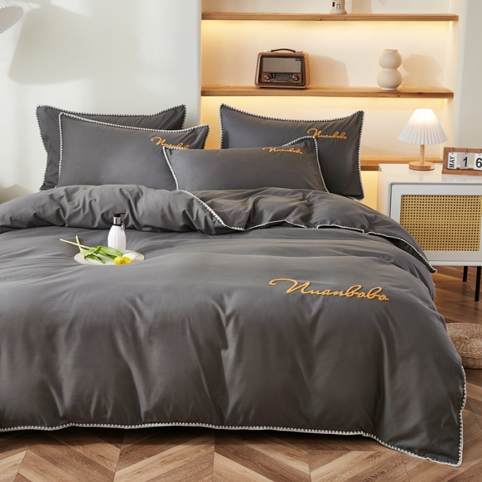 91家纺网 家纺一手货源 找家纺 啊雅 2025新款A类水洗棉贝壳边毛巾绣四件套 时尚灰