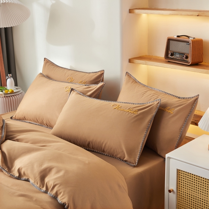 91家纺网 家纺一手货源 找家纺 啊雅 2025新款A类水洗棉贝壳边毛巾绣四件套 时尚咖