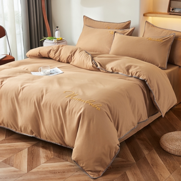 91家纺网 家纺一手货源 找家纺 啊雅 2025新款A类水洗棉贝壳边毛巾绣四件套 时尚咖