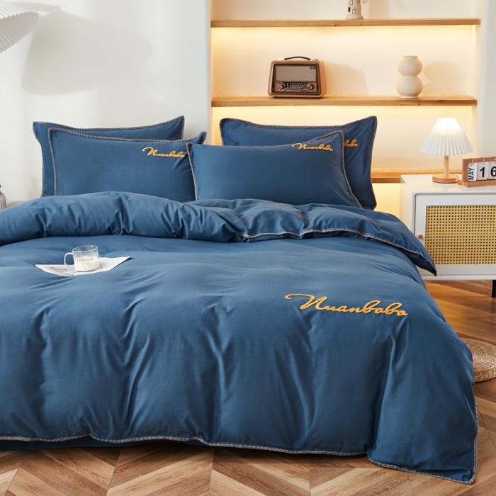 91家纺网 家纺一手货源 找家纺 啊雅 2025新款A类水洗棉贝壳边毛巾绣四件套 时尚蓝