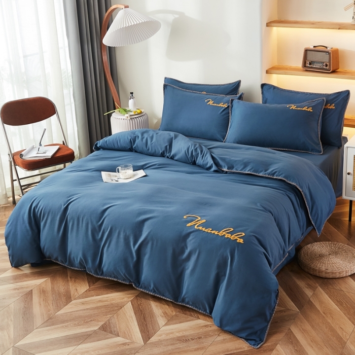 91家纺网 家纺一手货源 找家纺 啊雅 2025新款A类水洗棉贝壳边毛巾绣四件套 时尚蓝