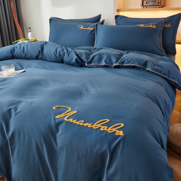 91家纺网 家纺一手货源 找家纺 啊雅 2025新款A类水洗棉贝壳边毛巾绣四件套 时尚蓝