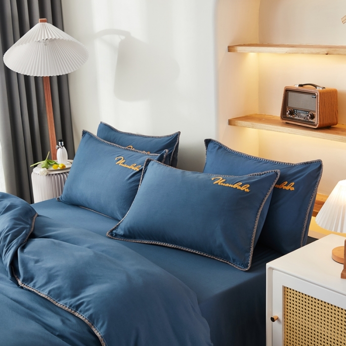 91家纺网 家纺一手货源 找家纺 啊雅 2025新款A类水洗棉贝壳边毛巾绣四件套 时尚蓝