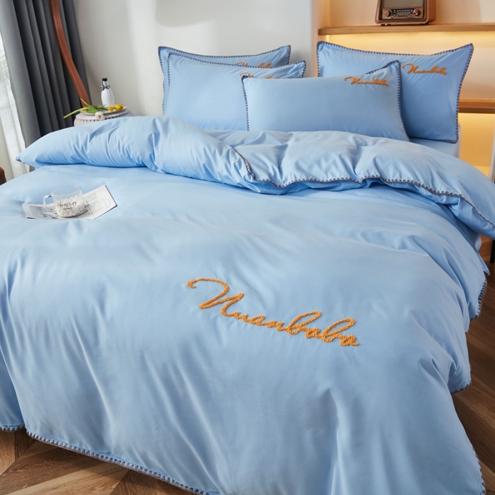 91家纺网 家纺一手货源 找家纺 啊雅 2025新款A类水洗棉贝壳边毛巾绣四件套 时尚天兰