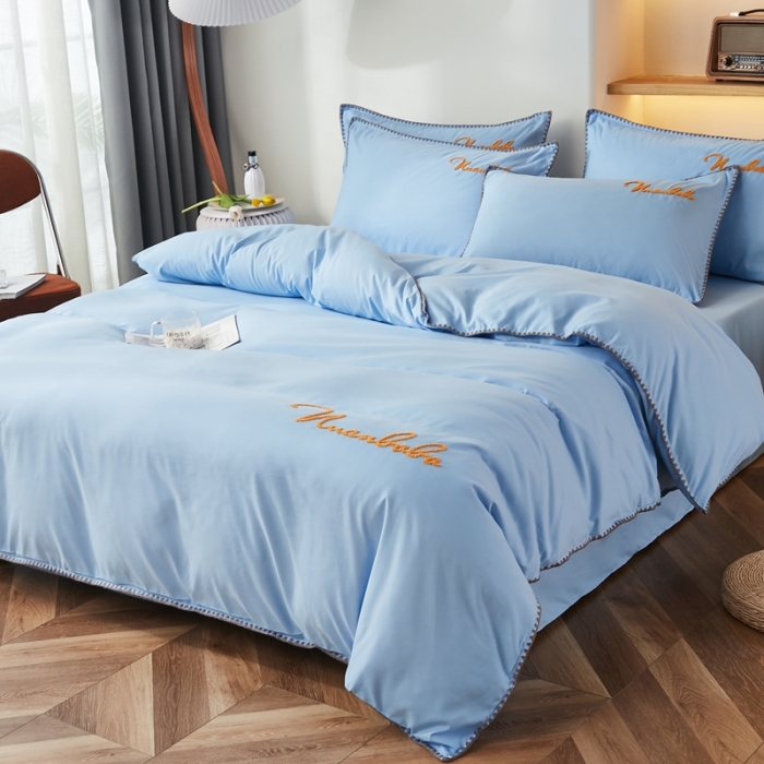 91家纺网 家纺一手货源 找家纺 啊雅 2025新款A类水洗棉贝壳边毛巾绣四件套 时尚天兰