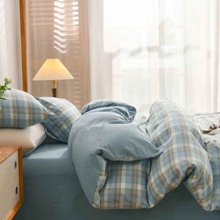 91家纺网 家纺一手货源 找家纺 纯棉被套四件套100全棉水洗棉格子宿舍三件套床单款被罩床上用品