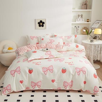91家纺网 家纺一手货源 找家纺 全棉13372印花纯棉床单床笠款四件套（预留6厘米缩水尺寸）蝴蝶结-粉