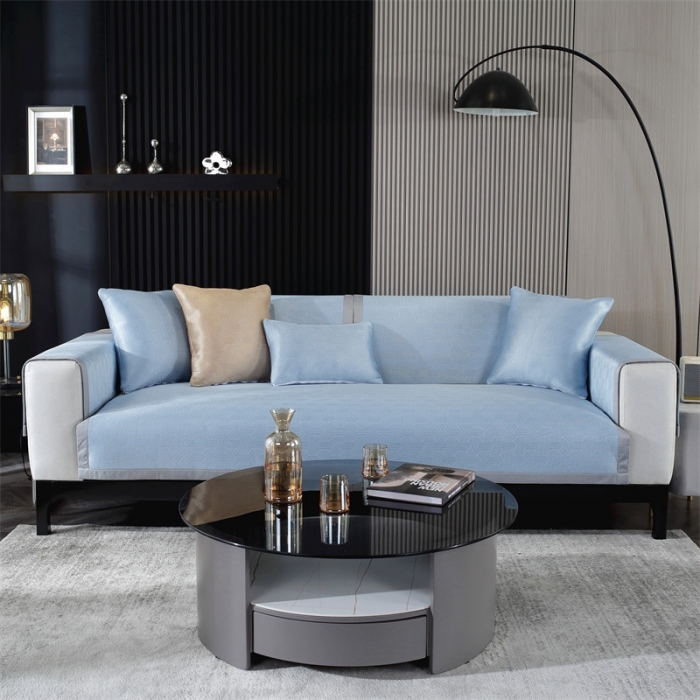 91家纺网 家纺一手货源 找家纺 共鸣 2023新款宽包边冰丝冰藤沙发垫 冰丝蓝