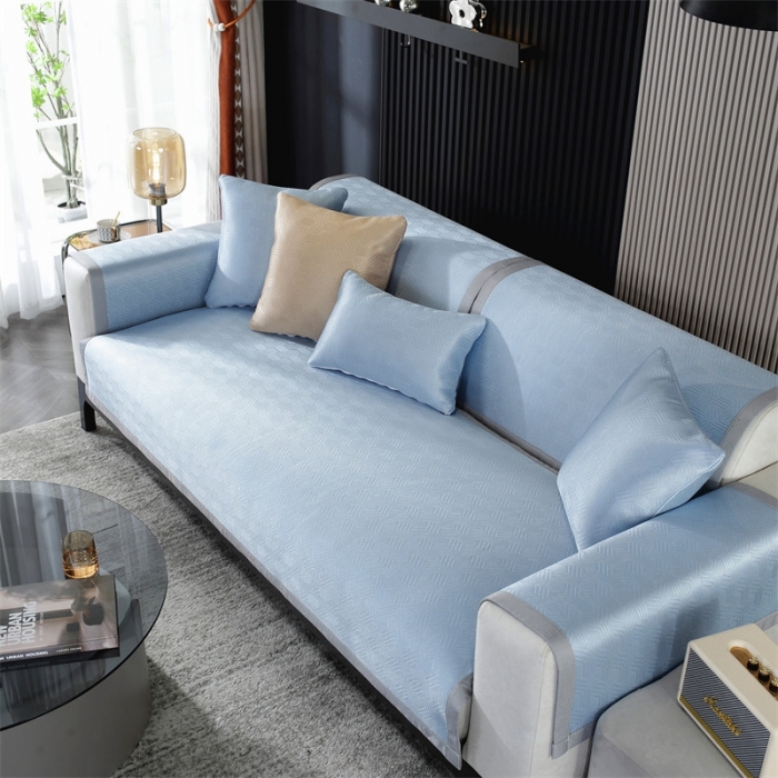 91家纺网 家纺一手货源 找家纺 共鸣 2023新款宽包边冰丝冰藤沙发垫 冰丝蓝