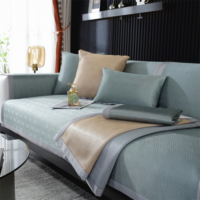 91家纺网 家纺一手货源 找家纺 共鸣 2023新款宽包边冰丝冰藤沙发垫 冰丝绿