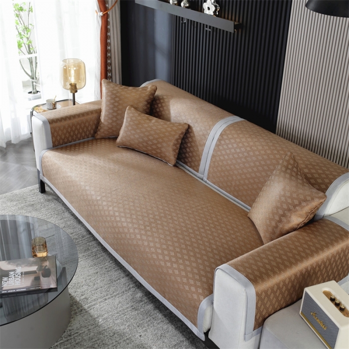 91家纺网 家纺一手货源 找家纺 共鸣 2023新款宽包边冰丝冰藤沙发垫 冰藤咖