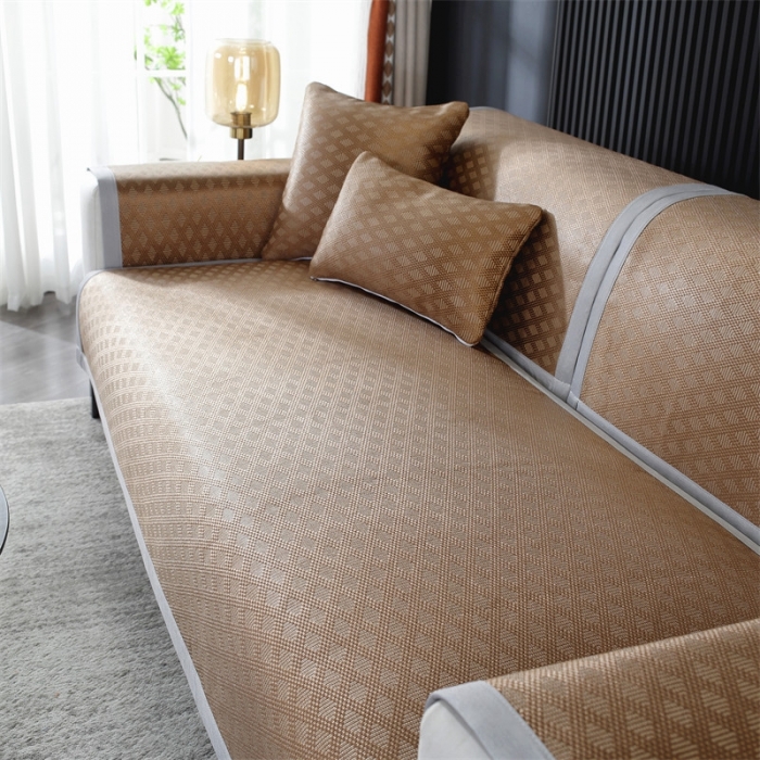 91家纺网 家纺一手货源 找家纺 共鸣 2023新款宽包边冰丝冰藤沙发垫 冰藤咖