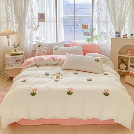 91家纺网 家纺一手货源 找家纺 眠帛 2023新款A类水洗棉小清新毛巾绣四件套 朵朵奶油粉