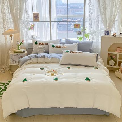 91家纺网 家纺一手货源 找家纺 眠帛 2023新款A类水洗棉小清新毛巾绣四件套 圣诞树蓝灰