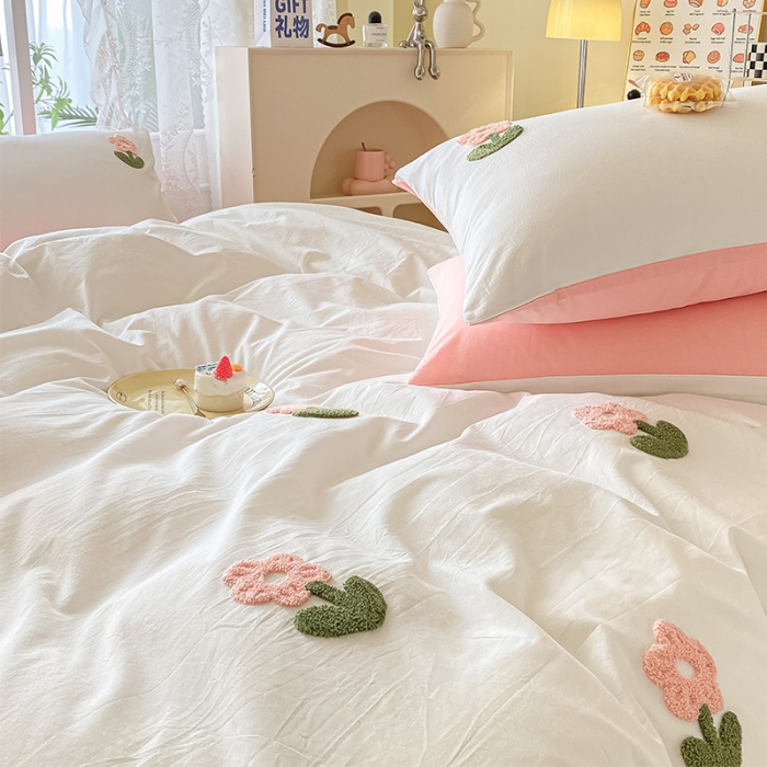 91家纺网 家纺一手货源 找家纺 （总）眠帛 2023新款A类水洗棉小清新毛巾绣四件套