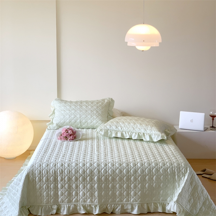 91家纺网 家纺一手货源 找家纺 优然居2023新款天丝绗缝床盖三件套 悠然绿