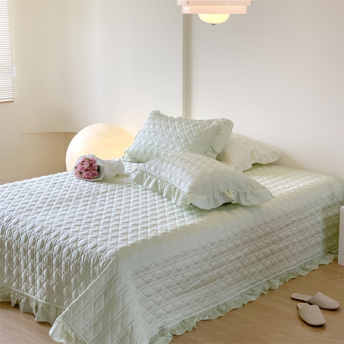 91家纺网 家纺一手货源 找家纺 优然居2023新款天丝绗缝床盖三件套 悠然绿