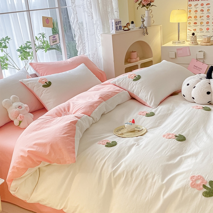 91家纺网 家纺一手货源 找家纺 眠帛 2023新款A类水洗棉小清新毛巾绣四件套 朵朵奶油粉