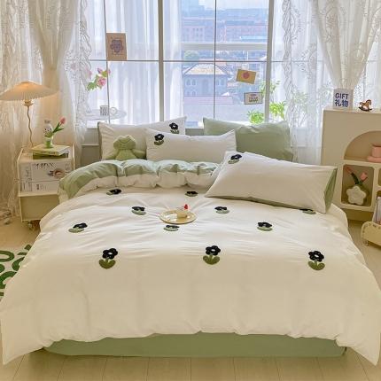 眠帛 2023新款A类水洗棉小清新毛巾绣四件套 朵朵奶油绿