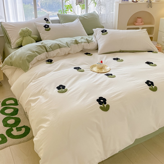 91家纺网 家纺一手货源 找家纺 眠帛 2023新款A类水洗棉小清新毛巾绣四件套 朵朵奶油绿
