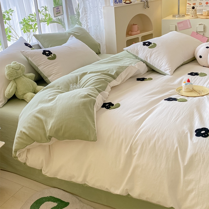 91家纺网 家纺一手货源 找家纺 眠帛 2023新款A类水洗棉小清新毛巾绣四件套 朵朵奶油绿