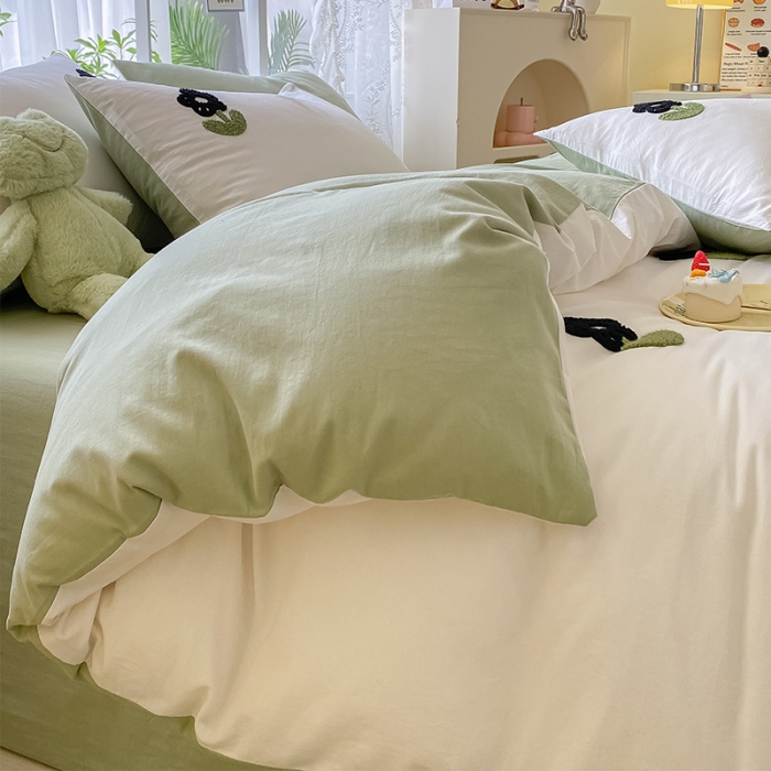 91家纺网 家纺一手货源 找家纺 眠帛 2023新款A类水洗棉小清新毛巾绣四件套 朵朵奶油绿